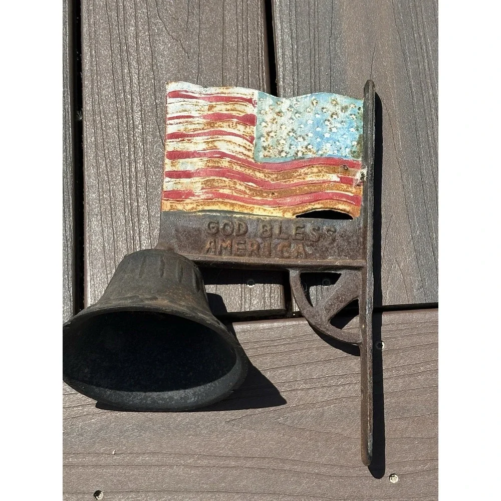 Vintage God Bless America Flag Wall Mounted Hanging Bell Sign Cast Iron